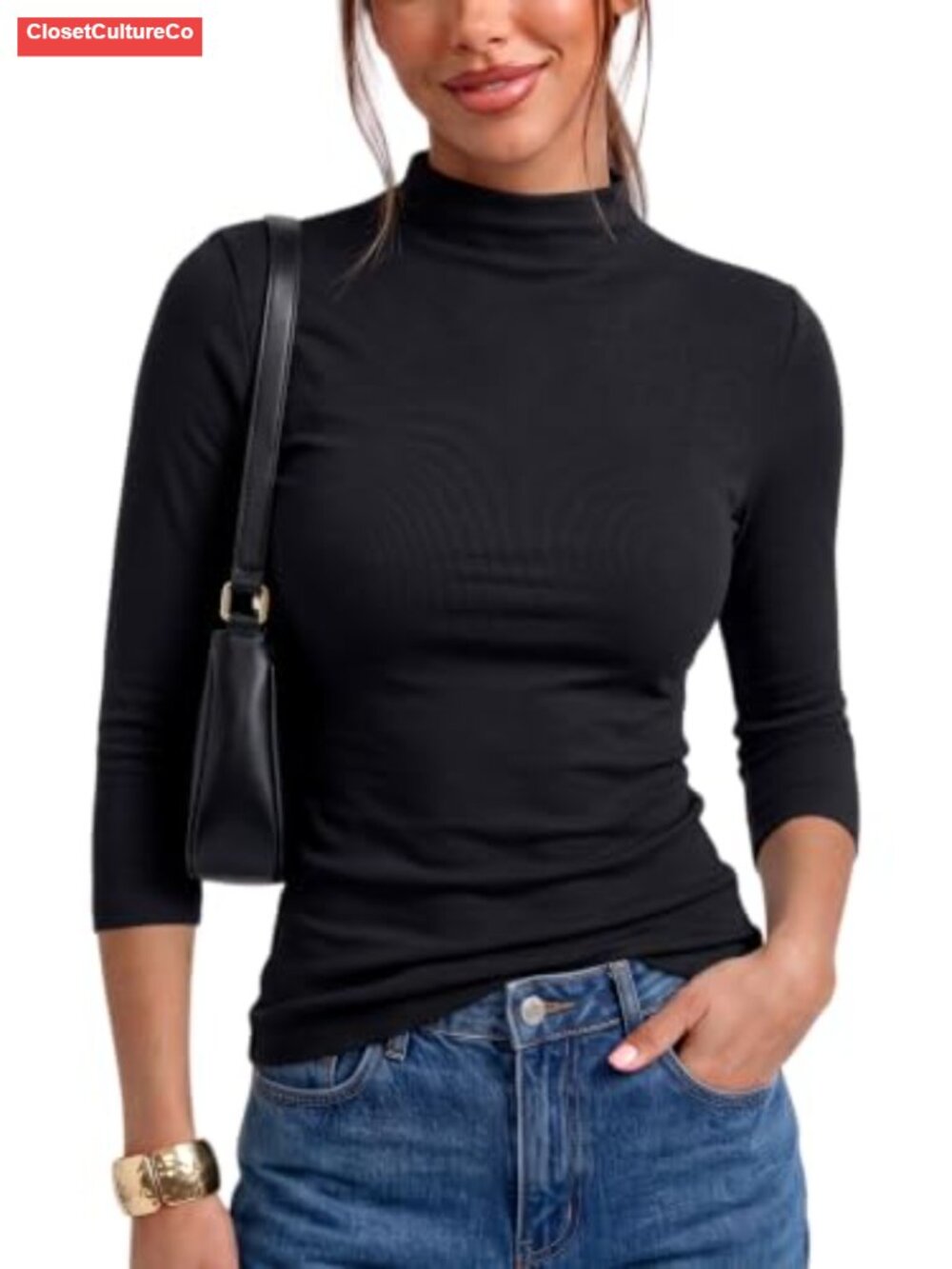 Women's 3/4 Sleeve Mock Neck Slim Fit Layering Top